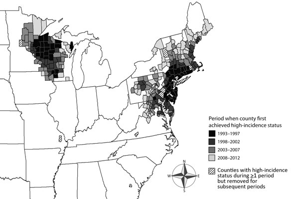United States counties with high incidence of Lyme disease by the period when they first met the designated high-incidence criteria, 1993a��2012. High-incidence counties were defined as those within a spatial cluster of elevated incidence and those with &gt;2 times the number of reported Lyme disease cases as were expected (based on the population at risk).