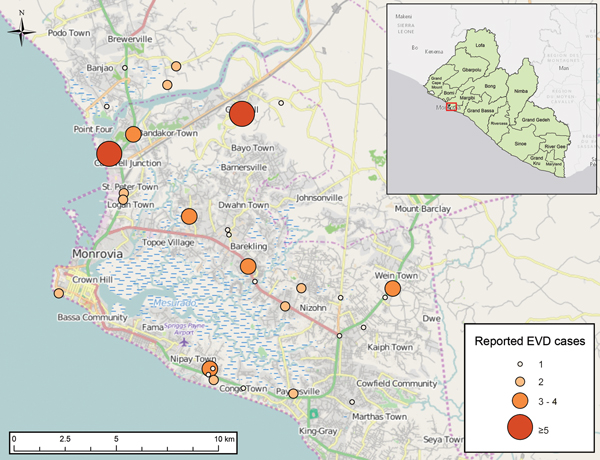 Reported Ebola virus disease cases, Montserrado County, Liberia, as of July 31, 2014.