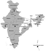 Thumbnail of Location of Crimean-Congo hemorrhagic fever virus IgG seropositivity in bovines, sheep, and goats in 22 states and 1 union territory, India. Gray shading, seropositivity in bovines; black dots, seropositivity in sheep/goats; white, serum samples not available screening.