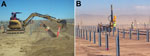 Thumbnail of Conditions during solar farm construction in San Luis Obispo County, California, USA. A) Localized dust generation associated with a soil-disruptive activity. Photograph was taken during the week of July 28–August 3, 2013 (courtesy of Aspen Environmental Group). B) Ambient dust exposure because of high-wind conditions. Photo was taken on March 5, 2013 (courtesy of Dennis Shusterman).