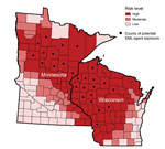 Thumbnail of Geographic distribution of the likely county in Minnesota or Wisconsin in which exposure to the Ehrlichia muris–like (EML) pathogen occurred in relation to the risk for Lyme disease, babesiosis, and anaplasmosis. The risk of tickborne disease is based on county-specific mean annual reported incidence of confirmed Lyme disease and confirmed and probable human anaplasmosis and babesiosis cases in Minnesota and Wisconsin during 2007–2013. Counties with ≤10 cases/100,000 population were