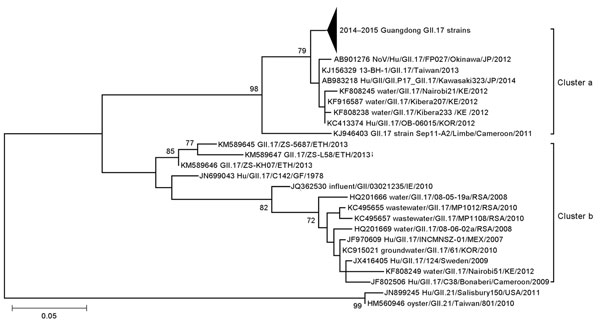 Phylogenetic tree of noroviruses based on the 282-bp region of the capsid N terminus/shell gene. Nucleotide sequences were analyzed by using the maximum-likelihood method. Supporting bootstrap values &gt;70 are shown. The subtrees of GII.17 detected in Guangdong Province , China, during 2014–2015 were compressed. GII.21 genotype strains were used as outgroups. Scale bar indicates nucleotide substitutions per site. Sequences of 24 reference norovirus strains are included. Arrowhead represents num