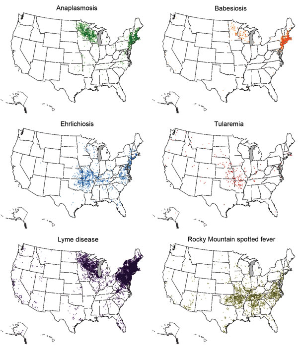 Geographic distribution of leading tickborne diseases among humans, United States, 2013. Each dot represents 1 case, based on patient residence; exposure location may be different.