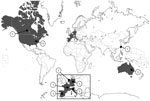 Thumbnail of Geographic distribution of propofol-related infectious disease outbreaks worldwide, 1989–2014. Values indicate number of outbreaks for each country. 