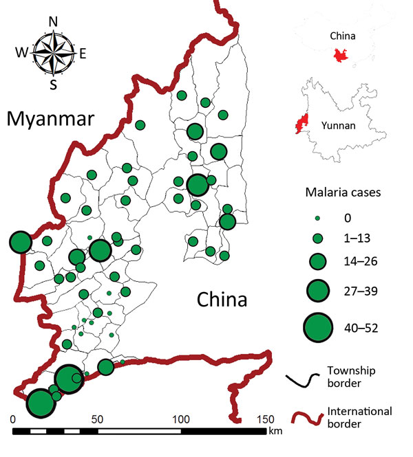 Locations of hospitals and healthcare centers (center of each circle) and total confirmed malaria cases in each township, Yunnan Province, China, 2011–2013.