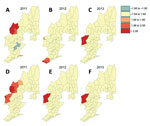 Thumbnail of Clusters of low and high malaria incidence rates (cases per 100,000 population) detected at the township level and their shift over time, Yunnan Province, China, 2011–2013. A–C) Plasmodium falciparum. D–F) P. vivax.
