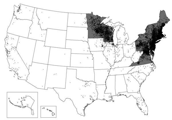 Comparison of states and district with highest incidence per 100,000 persons of Lyme disease in MarketScan (gray fill) and US surveillance (black dots), 2005–2010. Each dot is placed randomly within the county of residence for each confirmed Lyme disease case reported through surveillance during 2010.