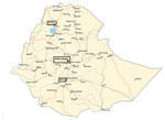 Thumbnail of Locations (boxes) of the 3 meningitis surveillance study hospitals in Gondar, Addis Ababa, and Hawassa (also spelled Awasa or Awassa), Ethiopia. Air distances from Addis Ababa to Gondar and Hawassa are ≈420 km and 220 km, respectively. Modified with permission from http://www.MapResources.com.