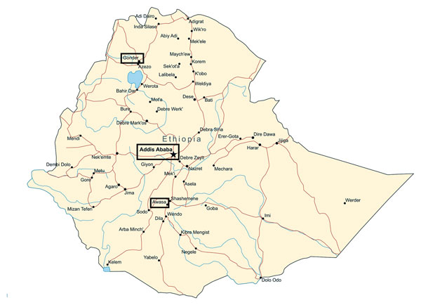 Locations (boxes) of the 3 meningitis surveillance study hospitals in Gondar, Addis Ababa, and Hawassa (also spelled Awasa or Awassa), Ethiopia. Air distances from Addis Ababa to Gondar and Hawassa are ≈420 km and 220 km, respectively. Modified with permission from http://www.MapResources.com.