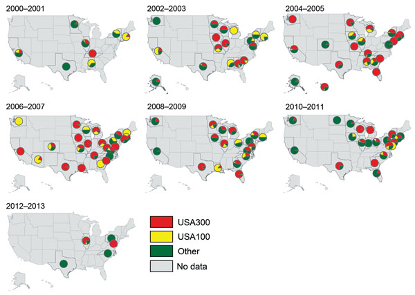 Proportions of methicillin-resistant Staphylococcus aureus isolates in each state that were defined as USA300, USA100, or other strain types, United States 2000–2013.