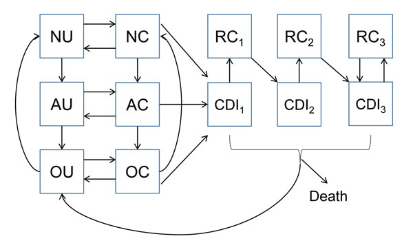 Compartmental model structure for Clostridium difficile infection (CDI) within each setting (hospital, long-term care facility, and community). Patients are classified as not receiving antimicrobial drugs (N), are receiving antimicrobial drugs (A), having a recent history of receiving antimicrobial drugs (O), uncolonized (U), asymptomatically colonized (C), symptomatically infected (CDI), or colonized and subject to recurrence (RC) of CDI. Arrows indicate changes in individual epidemiologic stat