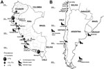 Thumbnail of Distribution of the Adenocephalus pacificus Pacific broad tapeworm among humans and wild animals on the A) northern and B) southern Pacific coast of South America. 