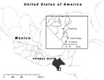 Thumbnail of Map of Mexico showing the 3 sites where serum samples were obtained to test for chikungunya virus in Chiapas, Mexico, 2014: Tapachula, La Libertad, and Ciudad Hidalgo. 
