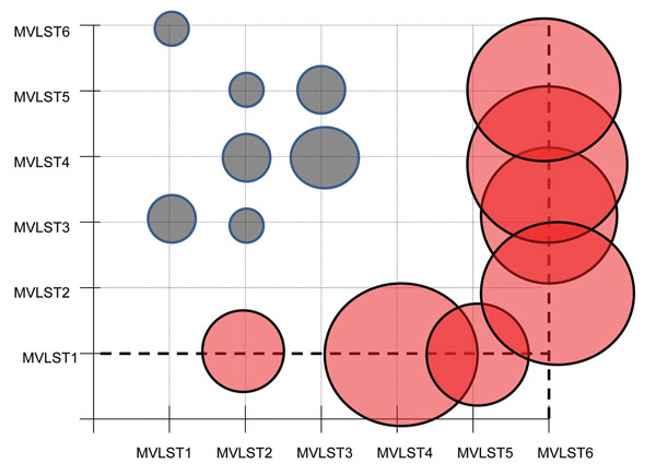 Graphic representation of the evolutionary analysis that tested the hypothesis of equality of evolutionary rates between multivirulence locus sequence type (MVLST) genotypes for study of Far East scarlet-like fever caused by a clonal group of Yersinia pseudotuberculosis, Russia. The χ2 test statistic was applied for the pairwise comparison of concatenated sequences of MVLST markers, with the Y. pestis sequence being used as an outgroup. Circles indicate values of the χ2 test statistic of the pai