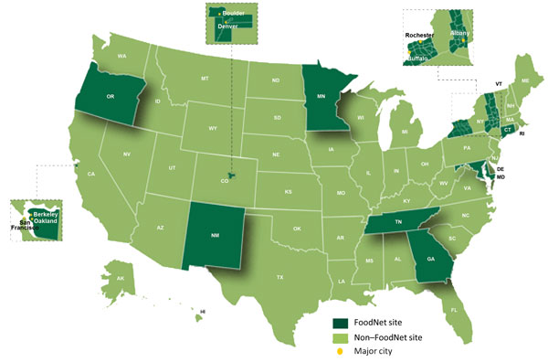 The Foodborne Diseases Active Surveillance Network Surveillance Area, United States, 2004–present.