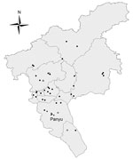 Thumbnail of Geographic distribution of the live poultry markets under routine and enhanced surveillance in Guangzhou, China, 2014. Solid squares indicate routine surveillance sites; solid triangles indicate enhanced surveillance sites (in Panyu district); open squares indicate markets selected for comparison before and after market closure and disinfection. 