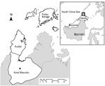 Thumbnail of Location of Kudat and Kota Marudu districts in Sabah, Malaysia, where study of association of landscape and environmental factors and incidence of Plasmodium knowlesi transmission was conducted. Stars indicate location of the district hospitals. Inset shows location of these districts on the island of Borneo (box).