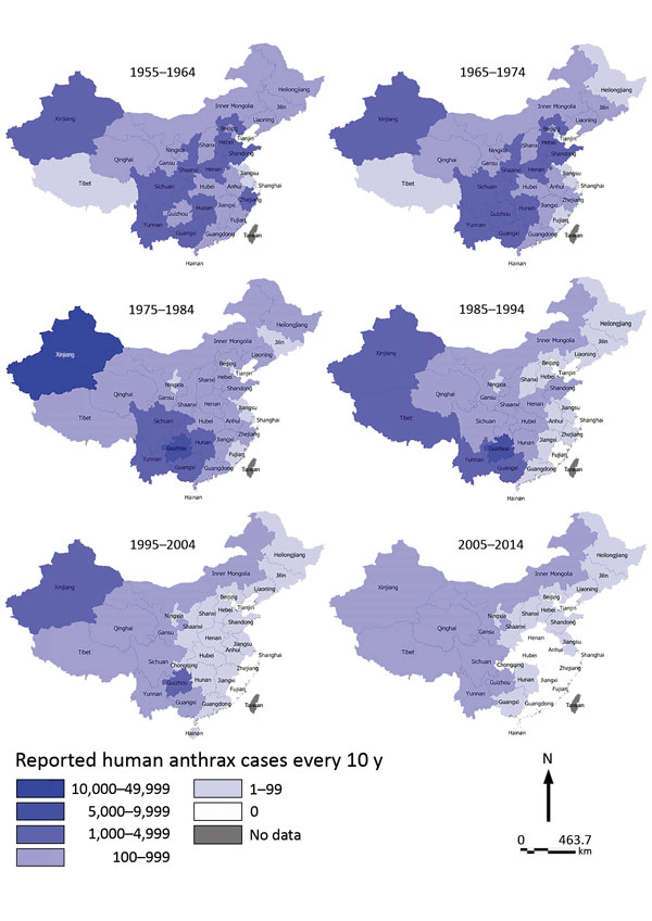 Provincial distribution of probable and confirmed human anthrax cases, China, 1955–2014.