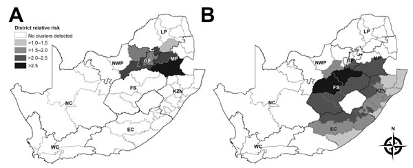 Serotype 1 invasive pneumococcal disease clusters by district, South Africa. A) May 2003–December 2004. B) September 2008–April 2012. Gray borders indicate district boundaries; black borders indicate provincial boundaries. Provinces: EC, Eastern Cape; FS, Free State; GP, Gauteng; KZN, KwaZulu-Natal; LP, Limpopo; MP, Mpumalanga; NC, Northern Cape; NWP, North-West; WC, Western Cape. District relative risk was calculated by dividing the observed number of cases per district by the number of cases e