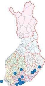 Thumbnail of Locations of residence for 17 patients who were IgM positive for California serogroup virus infections, Finland. Each dot represents 1 patient except for the largest dot in southern Finland, which indicates a site for 6 patients. The dot on the far left indicates a patient from Åland Islands, Finland. Map source: National Land Survey of Finland (© 2015). 