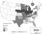Thumbnail of Locations of histoplasmosis outbreaks and number of outbreak-related cases, by state or territory (Puerto Rico, inset), United States, 1938–2013. City or county was not available for 1 outbreak in Ohio; 1 in Iowa; 2 in Tennessee; 1 in Missouri; and 1 in North Carolina. Points were placed in the center of the state for these outbreaks. Three of the 5 outbreaks in Puerto Rico occurred in the same cave system and appear as a single point on the map. Histoplasmosis is a reportable disea