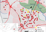 Thumbnail of Spatial distribution of solid organ transplant recipients in the southwest area of Madrid, Spain, in relation to park that was focus of visceral leishmaniasis (VL) outbreak, January 1, 2005–January 1, 2013. Map inset shows the location of the outbreak in relation to the rest of Spain. VL, visceral leishmaniasis.