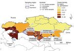 Thumbnail of Density of camelids in Kazakhstan (extracted from the Ministry of National Economy of the Republic of Kazakhstan Committee on Statistics, Department of Statistics; http://www.stat.gov.kz) and specimen collection for detection of Middle East respiratory syndrome virus, by species and region, 2015.
