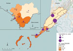 Thumbnail of Cumulative incidence of Ebola virus disease cases in Conakry, the capital city, and 4 surrounding prefectures, Guinea, January 1, 2015–March 29, 2015. Data were obtained from the Guinea Ministry of Health national case database (Epi Info Viral Hemorrhagic Fever Application, http://epiinfovhf.codeplex.com/). A total of 35 cases were missing commune information and are not represented in the figure. Inset shows locations of prefectures in Guinea; larger map shows locations of communes