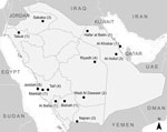 Thumbnail of City or governorate of residence of persons with primary Middle East respiratory syndrome coronavirus included in the study, Saudi Arabia, March 16–November 13, 2014.