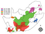 Thumbnail of Five regions in South Africa where Rift Valley fever outbreaks occurred during the epidemics of 2008–2011. Regions are grouped, by color, according to their temporal history of outbreaks.