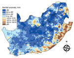 Thumbnail of Mean seasonal rainfall anomalies for 4 consecutive seasons (November–March) in South Africa, 2007–2011. The anomalies were computed as deviations from the seasonal long-term mean for 1985–2011.
