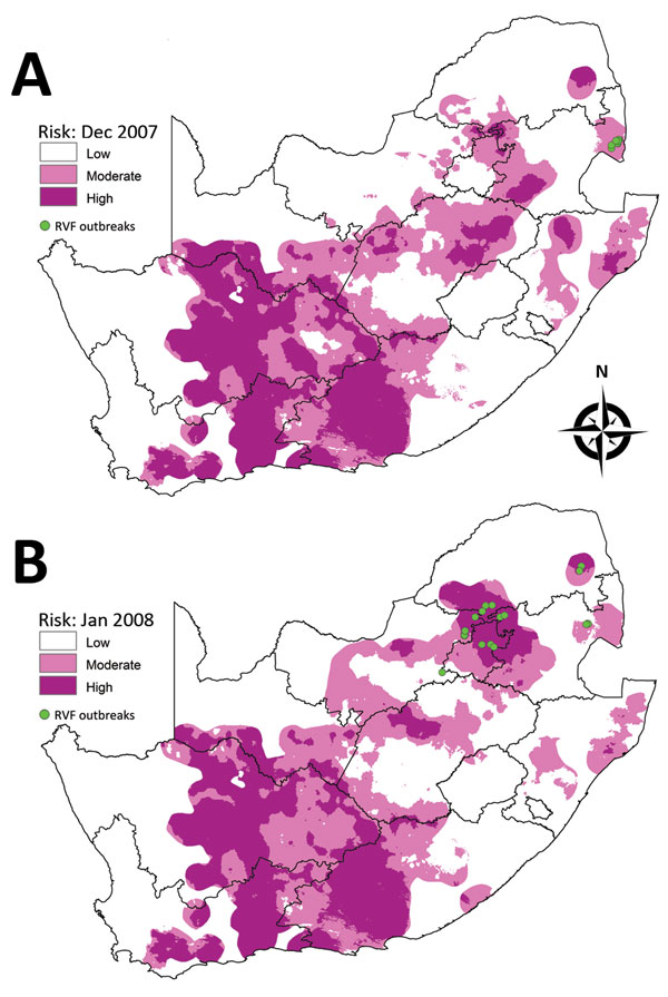 Risk maps for probability of Rift Valley fever (RVF) outbreaks in different areas of South Africa. A) Map for December 2007 showing subsequent outbreaks in January and February 2008. B) Map for January 2008 showing subsequent outbreaks during March–June 2008.