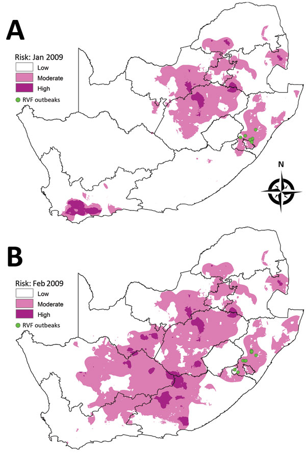 Risk maps for probability of Rift Valley fever (RVF) outbreaks in different areas of South Africa. A) Map for January 2009 showing subsequent outbreaks in February and March 2009. B) Map for February 2009 showing subsequent outbreaks during April–June 2009.