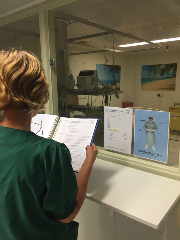 A buddy nurse demonstrates reading instructions in front of the isolation unit glass window for healthcare personnel working inside the unit, Major Incident Hospital, University Medical Centre of Utrecht, the Netherlands, 2014.
