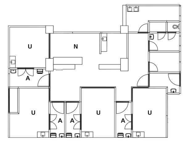 Schematic overview of the isolation department, Major Incident Hospital, University Medical Centre of Utrecht, the Netherlands, 2014. U, isolation unit; N, nursing station; A, access valve.