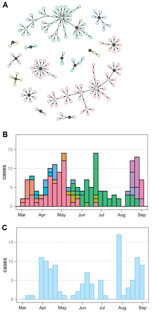 Outbreak dynamics in a model of transmission of Ebola virus disease. A) Chains of transmission generated in a simulated outbreak starting with 2 infected persons on March 1, 2014. Black circles indicate the index case within each cluster, and arrows indicate routes of transmission. Within each cluster, we assumed that there was a 15% probability that a secondary case would be missed and would instead seed a new cluster (these missed links are not shown). B) New cases per week, by date of symptom