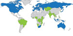 Thumbnail of Global progress on programmatic use of bedaquiline (BDQ) to treat multidrug-resistant tuberculosis. Blue indicates countries using BDQ under program conditions. Green indicates countries awaiting arrival of BDQ to use it under program conditions. Gray indicates countries that have not reported using BDQ under program conditions.