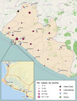 Thumbnail of Locations of Ebola case-patients and associated facilities, Liberia, 2014–2015. ELWA, Eternal Love Winning Africa; EOC, emergency operations center; ETU, Ebola treatment unit; JFK, John Fitzgerald Kennedy; MoD, Ministry of Defense. 