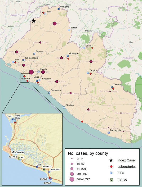 Locations of Ebola case-patients and associated facilities, Liberia, 2014–2015. ELWA, Eternal Love Winning Africa; EOC, emergency operations center; ETU, Ebola treatment unit; JFK, John Fitzgerald Kennedy; MoD, Ministry of Defense. 