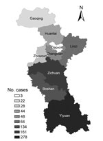Thumbnail of Geographic distribution of cases of hemorrhagic fever with renal syndrome among districts and counties, Zibo City, China, 2006–2014.