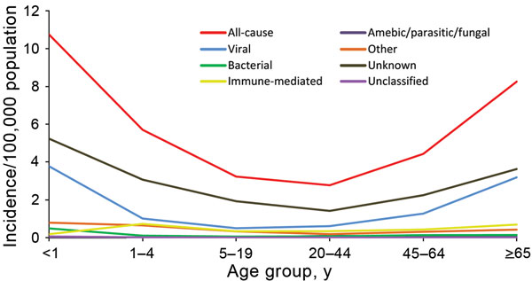 Incidence rate (cases per 100,000 persons) for all-cause encephalitis and categories of encephalitis causes, by age group, Ontario, Canada, 2002–2013.