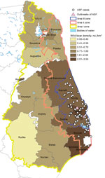 Thumbnail of Locations of African swine fever (ASF) cases and outbreaks in Poland. Wild boar density data based on the National Forestry Service of Poland census.