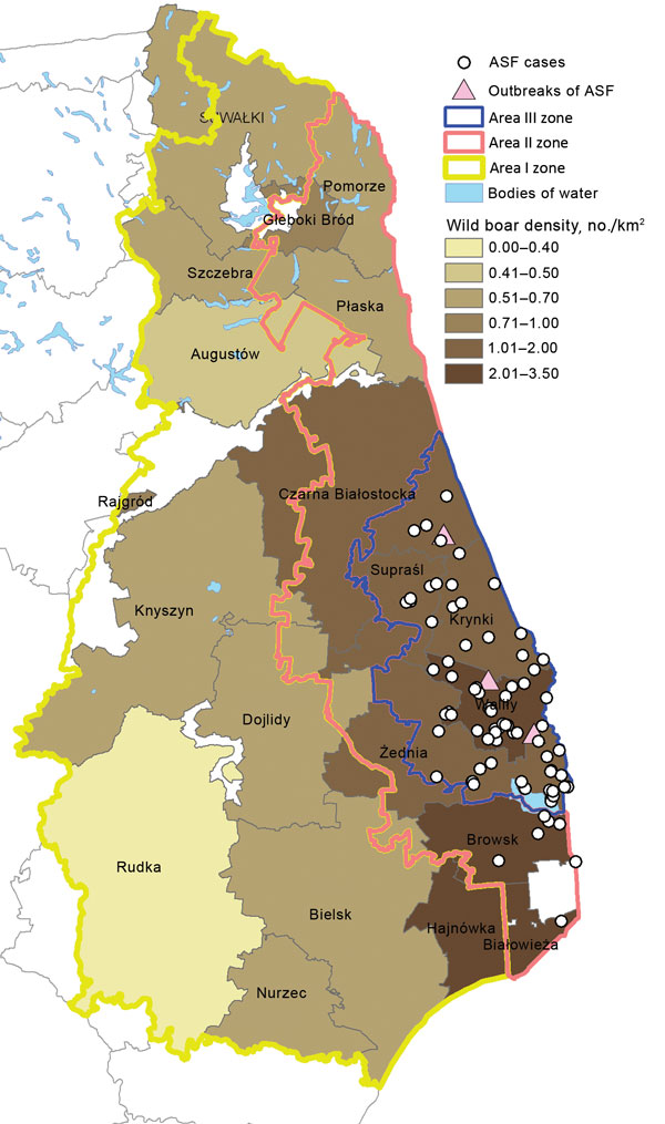 Locations of African swine fever (ASF) cases and outbreaks in Poland. Wild boar density data based on the National Forestry Service of Poland census.