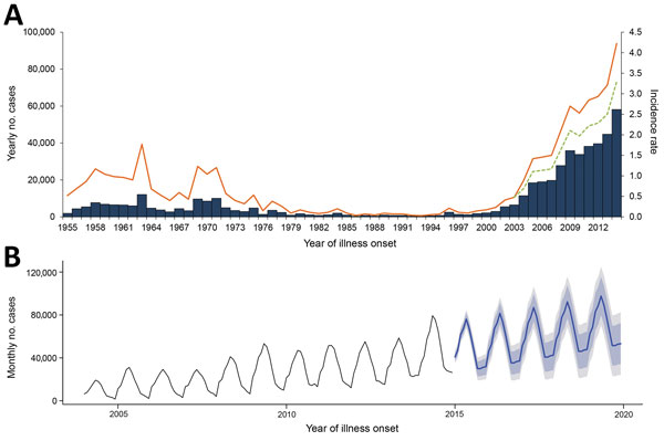 Reported human brucellosis cases (N = 513,034), mainland China, 1955–2014. A) Aggregated number of cases (blue bars) and annual incidence rate (orange line) per 100,000 residents reported by year. The adjusted incidence rate (green dashed line) was estimated by an excess proportion (22.06%) that might be attributed to the effect of Internet-based reporting since 2004 (see Methods). B) Forecast of the monthly number of cases (blue line) during 2015–2019 by Holt-Winters exponential smoothing with 