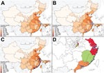 Thumbnail of Geographic distribution of human cases of laboratory-confirmed influenza A(H7N9) virus infection, China, 2013–2015. A) Cases detected in wave 1A (white dots) and wave 1B (light blue dots); B) cases detected in wave 2 (medium blue dots); C) cases detected in wave 3 (dark blue dots); D) cases detected in eastern China (red), Jiangxi and Fujian Provinces (green), and Guangdong Province (yellow).