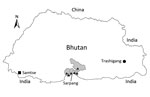 Thumbnail of Locations in Bhutan where serum samples were collected from goats (triangles) and cattle (square and circle) and tested for Crimean-Congo hemorrhagic fever virus. The shaded area shows the boundaries of Sarpang district and subdistricts, where samples from goats were collected.