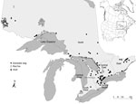 Thumbnail of Locations of wild and domestic canids infected with Blastomyces dermatitidis during 1996–2014, Ontario, Canada. Inset map shows the location of Ontario in Canada. Health regions within the province consist of grouped public health units as defined by the Ontario Ministry of Public Health and are named according to Morris et al. (2). Dark gray shading indicates lakes; the Great Lakes are shown in the lower part of the figure.