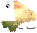 Thumbnail of Study sites for assessment of Lassa virus seroprevalence in humans, southern Mali, 2015. The 3 villages of Soromba, Banzana, and Bamba (within red square) in Sibirilia commune, Bougouni district, were selected on the basis of previous identification of Lassa virus–infected rodents in peridomestic settings.