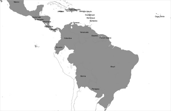 South America, Central America, and Caribbean countries and regions reporting laboratory-confirmed autochthonous Zika virus disease cases during January 1, 2015–February 10, 2016 (Technical Appendix Table 2). Data represent outbreaks and case reports for all reported autochthonous laboratory-confirmed cases of Zika virus infection in these countries and regions during January 1, 1952–February 10, 2016, including those reported in peer-reviewed literature; public health agency Web sites, bulletin