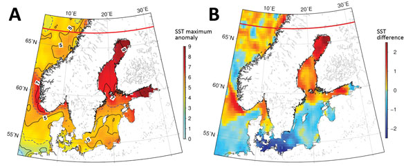 SST anomaly data for coastal areas of Sweden and Finland. A) Maximum SST anomalies during July and August 2014. The anomalies were substantially high throughout the region but especially in the northern Baltic Sea area. B) Differences between the maximum temperatures during 2014 and those during 1982–2013.SST, sea surface temperature.